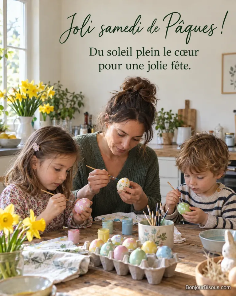 Photo d’une mère et de deux enfants concentrés qui peignent des œufs avec des pinceaux, pots de peinture pastel et boîte d’œufs décorés sur la table, avec le texte « Joli samedi de Pâques ! Du soleil plein le cœur pour une jolie fête. »