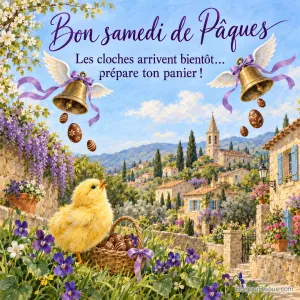 Peinture de deux cloches ailées à rubans violets qui font pleuvoir des œufs en chocolat au-dessus d’un village provençal, un poussin et un panier d’œufs dans les violettes, avec le texte « Bon samedi de Pâques – Les cloches arrivent bientôt… prépare ton panier ! »