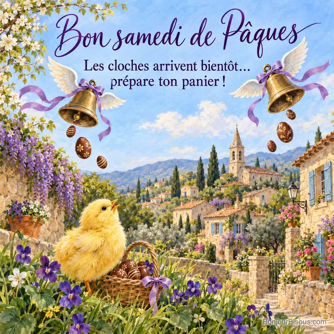 Peinture de deux cloches ailées à rubans violets qui font pleuvoir des œufs en chocolat au-dessus d’un village provençal, un poussin et un panier d’œufs dans les violettes, avec le texte « Bon samedi de Pâques – Les cloches arrivent bientôt… prépare ton panier ! » Peinture de deux cloches ailées à rubans violets qui font pleuvoir des œufs en chocolat au-dessus d’un village provençal, un poussin et un panier d’œufs dans les violettes, avec le texte « Bon samedi de Pâques – Les cloches arrivent bientôt… prépare ton panier ! »