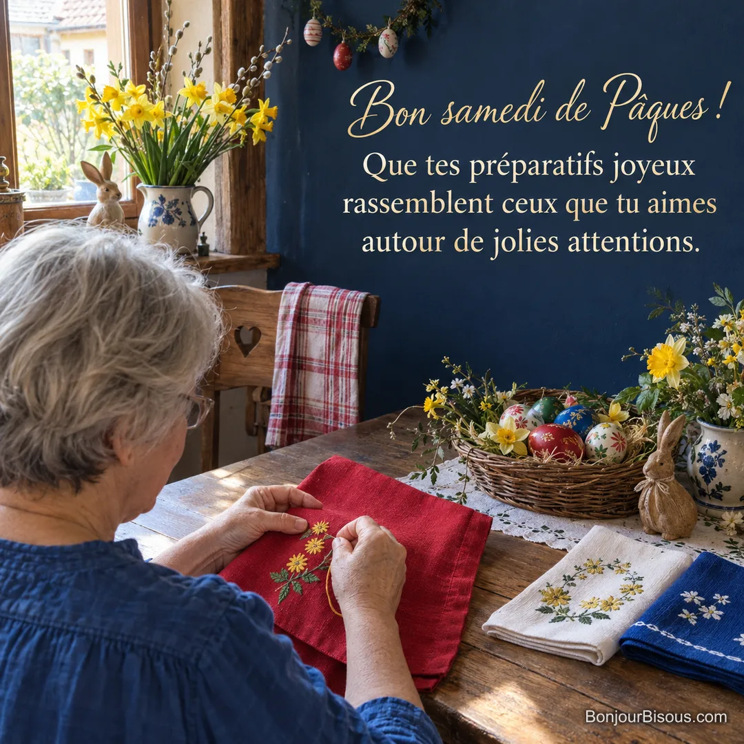 Une femme brode une serviette rouge parmi les préparatifs colorés de Pâques, avec le texte « Bon samedi de Pâques ! Que tes préparatifs joyeux rassemblent ceux que tu aimes autour de jolies attentions. ». Une femme brode une serviette rouge parmi les préparatifs colorés de Pâques, avec le texte « Bon samedi de Pâques ! Que tes préparatifs joyeux rassemblent ceux que tu aimes autour de jolies attentions. ».