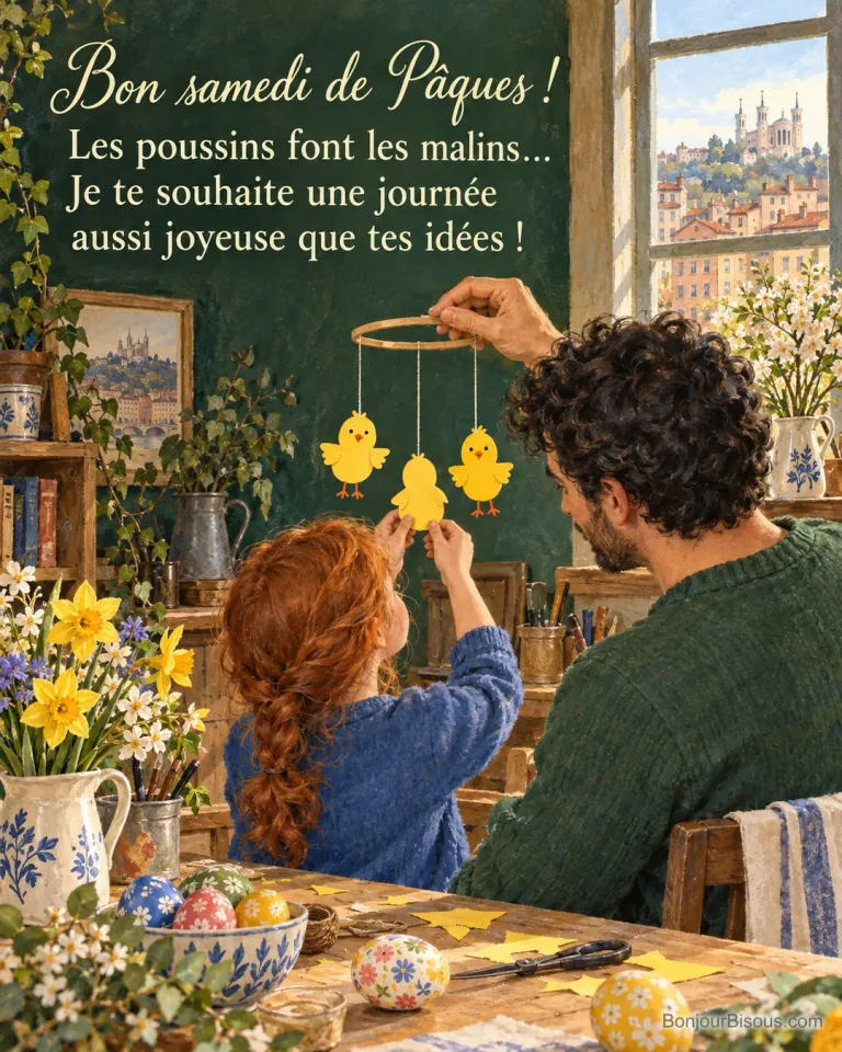 Un père et sa fille assemblent un mobile de trois poussins en papier jaune, avec le texte « Bon samedi de Pâques ! Les poussins font les malins… Je te souhaite une journée aussi joyeuse que tes idées ! ».