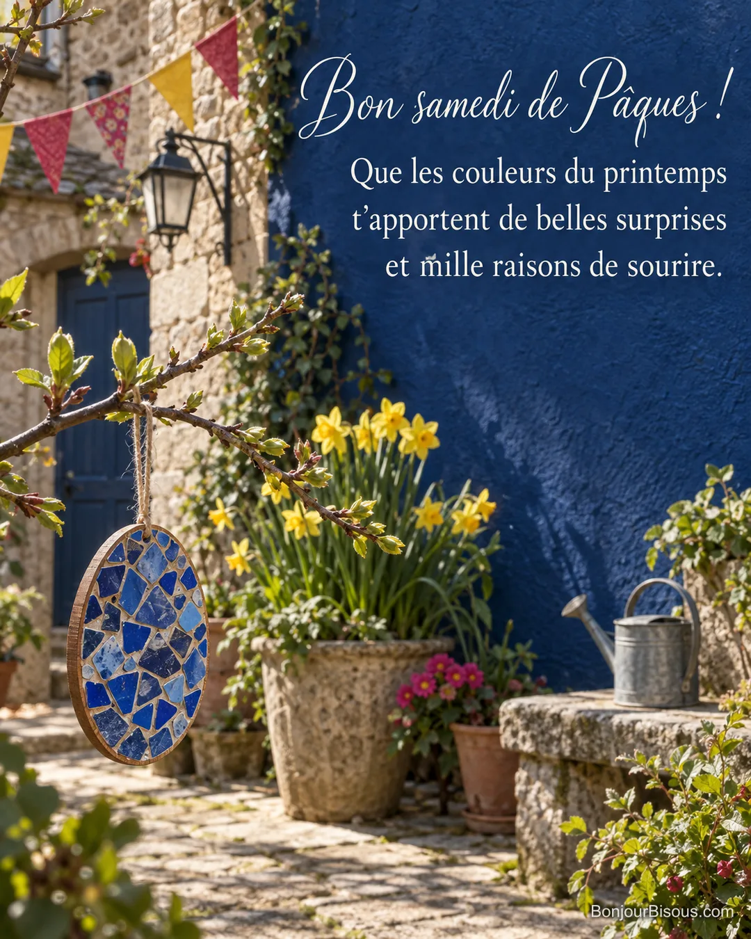 Un ornement ovale en mosaïque bleue se balance dans une cour fleurie pour Pâques, avec le texte « Bon samedi de Pâques ! Que les couleurs du printemps t’apportent de belles surprises et mille raisons de sourire. ». Un ornement ovale en mosaïque bleue se balance dans une cour fleurie pour Pâques, avec le texte « Bon samedi de Pâques ! Que les couleurs du printemps t’apportent de belles surprises et mille raisons de sourire. ».