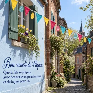 Des fanions colorés et des décorations d’œufs animent une rue de village pour Pâques, avec le texte « Bon samedi de Pâques ! Que la fête se prépare avec des couleurs plein les yeux et de la joie pour toi. ».