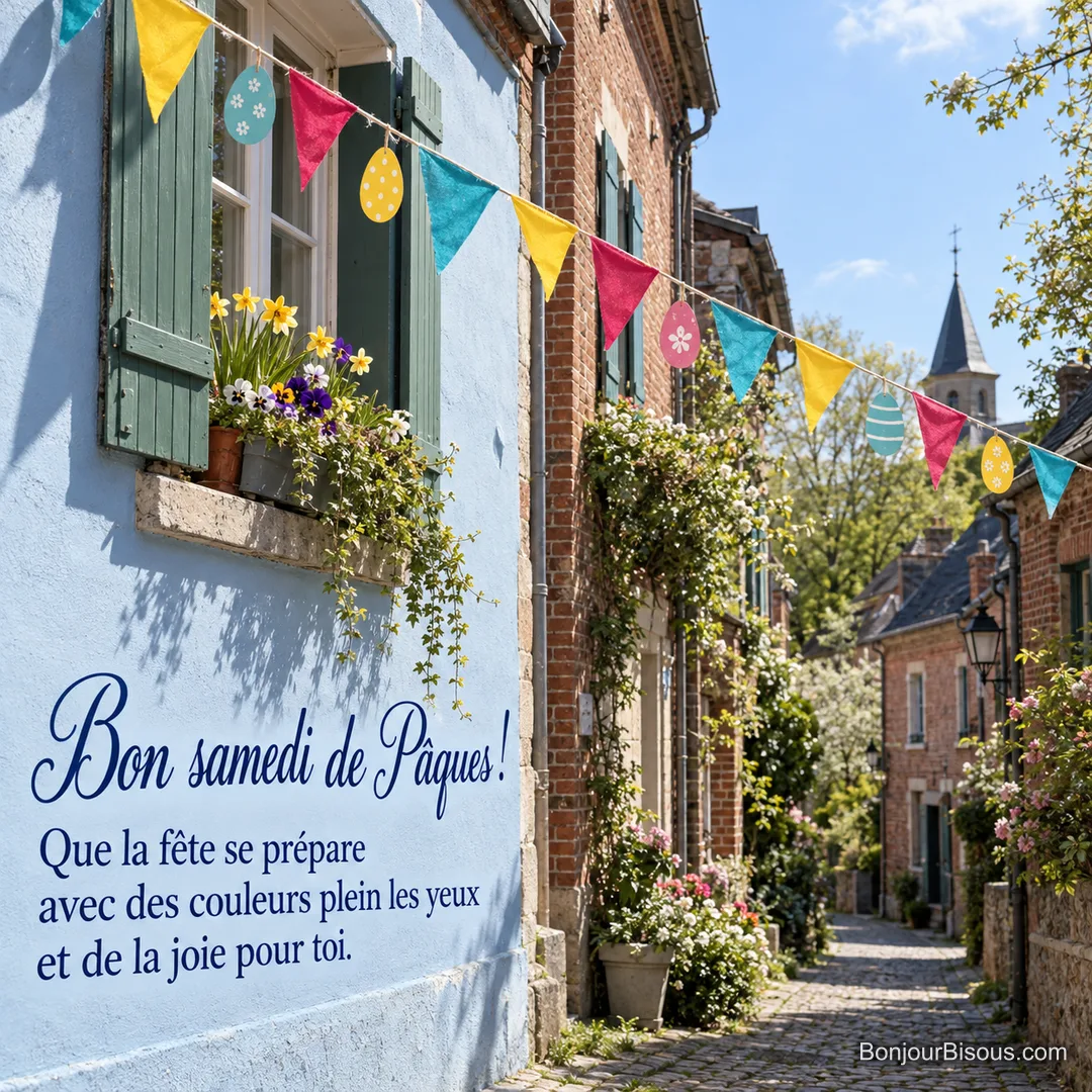 Des fanions colorés et des décorations d’œufs animent une rue de village pour Pâques, avec le texte « Bon samedi de Pâques ! Que la fête se prépare avec des couleurs plein les yeux et de la joie pour toi. ». Des fanions colorés et des décorations d’œufs animent une rue de village pour Pâques, avec le texte « Bon samedi de Pâques ! Que la fête se prépare avec des couleurs plein les yeux et de la joie pour toi. ».