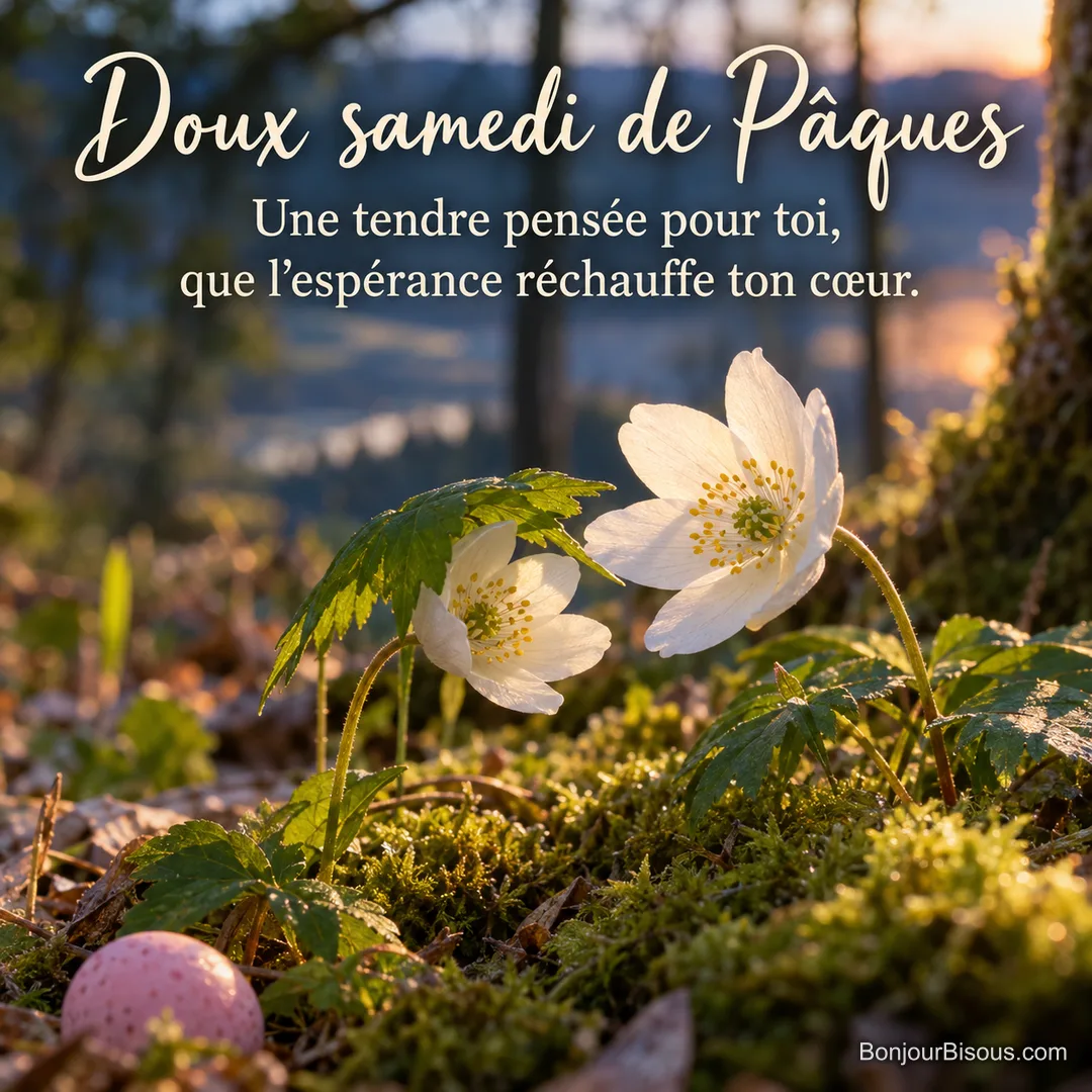 Deux anémones des bois se penchent l’une vers l’autre près d’un petit œuf rose, dans la lumière du soir, avec le texte « Doux samedi de Pâques Une tendre pensée pour toi, que l’espérance réchauffe ton cœur. ». Deux anémones des bois se penchent l’une vers l’autre près d’un petit œuf rose, dans la lumière du soir, avec le texte « Doux samedi de Pâques Une tendre pensée pour toi, que l’espérance réchauffe ton cœur. ».