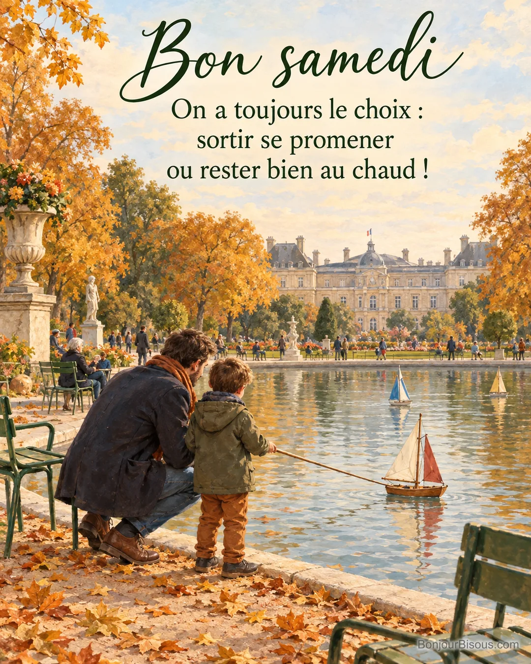 Peinture d’un père et d’un garçon vus de dos qui poussent un voilier en bois sur le bassin du jardin du Luxembourg, chaises vertes et marronniers dorés, avec le texte « Bon samedi – On a toujours le choix : sortir se promener ou rester bien au chaud ! »