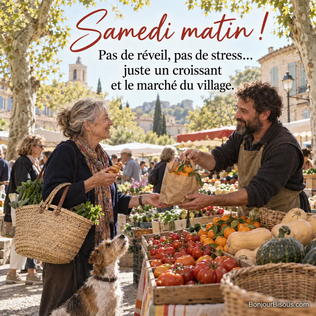 Photo d’un marché provençal sous les platanes, une femme avec un panier et un croissant discute avec le maraîcher, son petit chien la regarde, avec le texte « Samedi matin ! Pas de réveil, pas de stress… juste un croissant et le marché du village. » Photo d’un marché provençal sous les platanes, une femme avec un panier et un croissant discute avec le maraîcher, son petit chien la regarde, avec le texte « Samedi matin ! Pas de réveil, pas de stress… juste un croissant et le marché du village. »