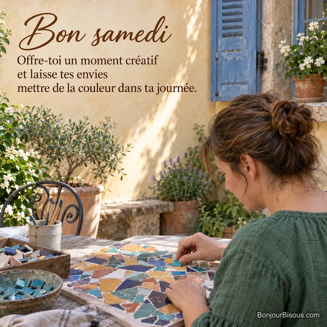 Une femme compose une mosaïque de carreaux colorés dans une cour provençale, avec le texte « Bon samedi Offre-toi un moment créatif et laisse tes envies mettre de la couleur dans ta journée. ». Une femme compose une mosaïque de carreaux colorés dans une cour provençale, avec le texte « Bon samedi Offre-toi un moment créatif et laisse tes envies mettre de la couleur dans ta journée. ».