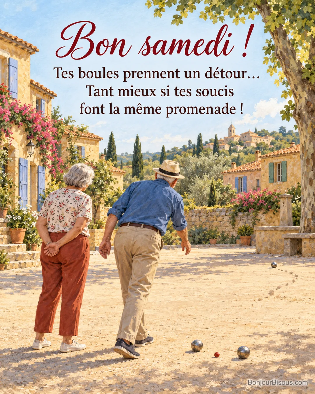 Deux adultes regardent une boule de pétanque s’éloigner du cochonnet sur une place provençale, avec le texte « Bon samedi ! Tes boules prennent un détour… Tant mieux si tes soucis font la même promenade ! ». Deux adultes regardent une boule de pétanque s’éloigner du cochonnet sur une place provençale, avec le texte « Bon samedi ! Tes boules prennent un détour… Tant mieux si tes soucis font la même promenade ! ».