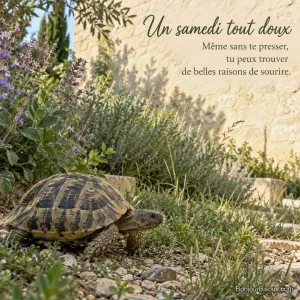 Une tortue terrestre avance entre les plantes d’un jardin méditerranéen, avec le texte « Un samedi tout doux Même sans te presser, tu peux trouver de belles raisons de sourire. ».