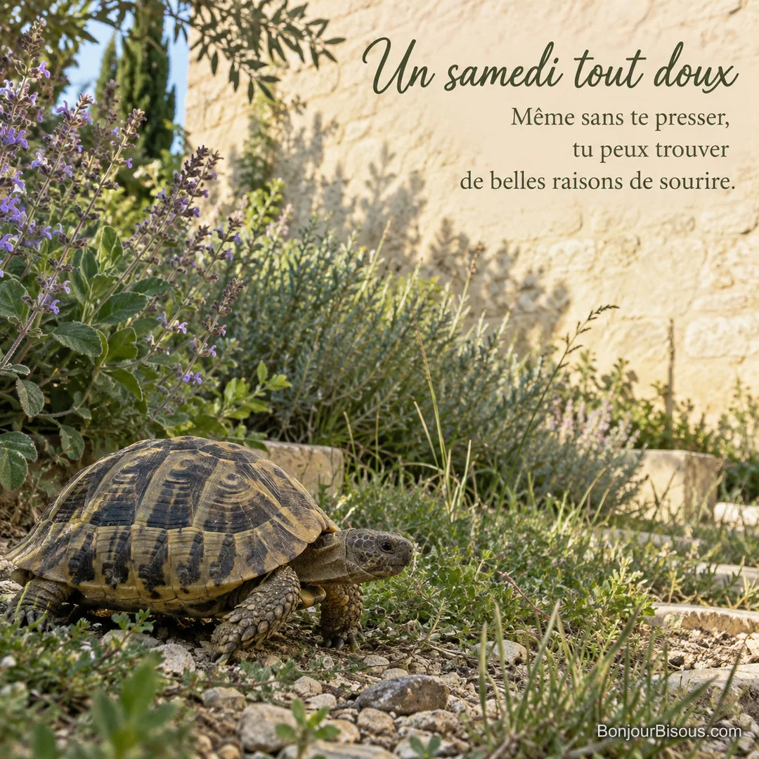 Une tortue terrestre avance entre les plantes d’un jardin méditerranéen, avec le texte « Un samedi tout doux Même sans te presser, tu peux trouver de belles raisons de sourire. ». Une tortue terrestre avance entre les plantes d’un jardin méditerranéen, avec le texte « Un samedi tout doux Même sans te presser, tu peux trouver de belles raisons de sourire. ».