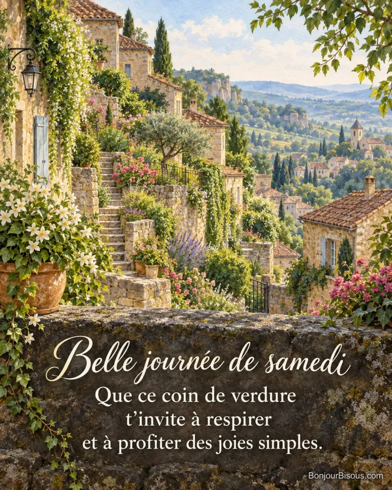 Des jardins en terrasses verdoyants dominent les toits d’un village, avec le texte « Belle journée de samedi Que ce coin de verdure t’invite à respirer et à profiter des joies simples. ».
