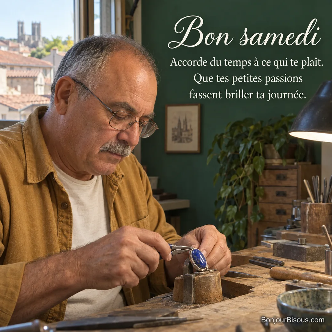 Un amateur de bijouterie ajuste le sertissage argenté d’un cabochon bleu lapis-lazuli dans son atelier de Limoges, avec le texte « Bon samedi Accorde du temps à ce qui te plaît. Que tes petites passions fassent briller ta journée. ». Un amateur de bijouterie ajuste le sertissage argenté d’un cabochon bleu lapis-lazuli dans son atelier de Limoges, avec le texte « Bon samedi Accorde du temps à ce qui te plaît. Que tes petites passions fassent briller ta journée. ».