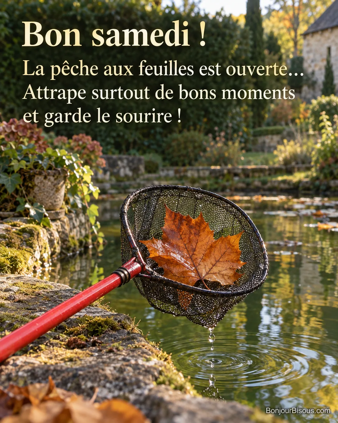 Une épuisette rouge a recueilli une seule feuille cuivrée dans un bassin de jardin en Touraine, avec le texte « Bon samedi ! La pêche aux feuilles est ouverte… Attrape surtout de bons moments et garde le sourire ! ». Une épuisette rouge a recueilli une seule feuille cuivrée dans un bassin de jardin en Touraine, avec le texte « Bon samedi ! La pêche aux feuilles est ouverte… Attrape surtout de bons moments et garde le sourire ! ».