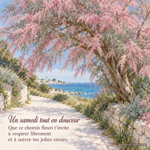 Les branches roses d’un tamaris printanier ondulent au-dessus d’un chemin de l’île de Ré face à l’océan, avec le texte « Un samedi tout en douceur Que ce chemin fleuri t’invite à respirer librement et à suivre tes jolies envies. ».