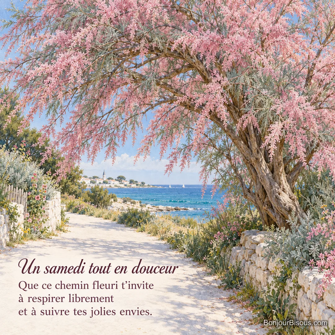 Les branches roses d’un tamaris printanier ondulent au-dessus d’un chemin de l’île de Ré face à l’océan, avec le texte « Un samedi tout en douceur Que ce chemin fleuri t’invite à respirer librement et à suivre tes jolies envies. ». Les branches roses d’un tamaris printanier ondulent au-dessus d’un chemin de l’île de Ré face à l’océan, avec le texte « Un samedi tout en douceur Que ce chemin fleuri t’invite à respirer librement et à suivre tes jolies envies. ».
