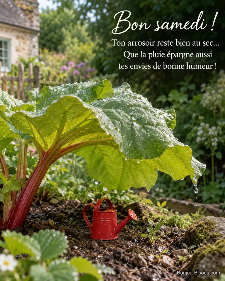 Une grande feuille de rhubarbe protège un minuscule arrosoir rouge après une averse dans un potager du Perche, avec le texte « Bon samedi ! Ton arrosoir reste bien au sec… Que la pluie épargne aussi tes envies de bonne humeur ! ».