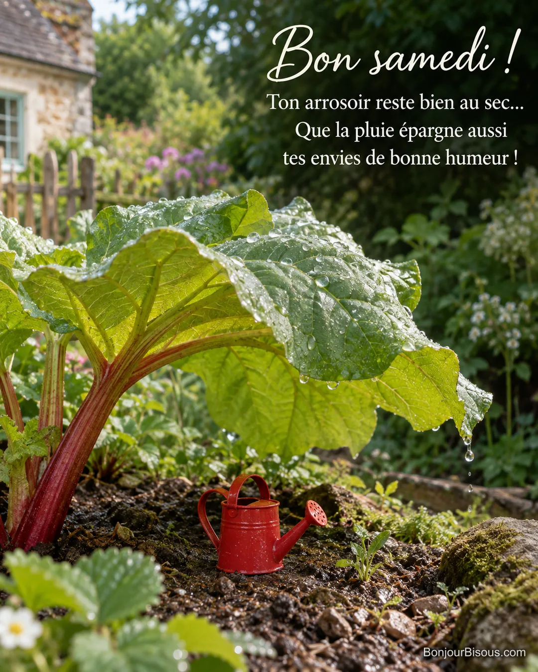 Une grande feuille de rhubarbe protège un minuscule arrosoir rouge après une averse dans un potager du Perche, avec le texte « Bon samedi ! Ton arrosoir reste bien au sec… Que la pluie épargne aussi tes envies de bonne humeur ! ». Une grande feuille de rhubarbe protège un minuscule arrosoir rouge après une averse dans un potager du Perche, avec le texte « Bon samedi ! Ton arrosoir reste bien au sec… Que la pluie épargne aussi tes envies de bonne humeur ! ».