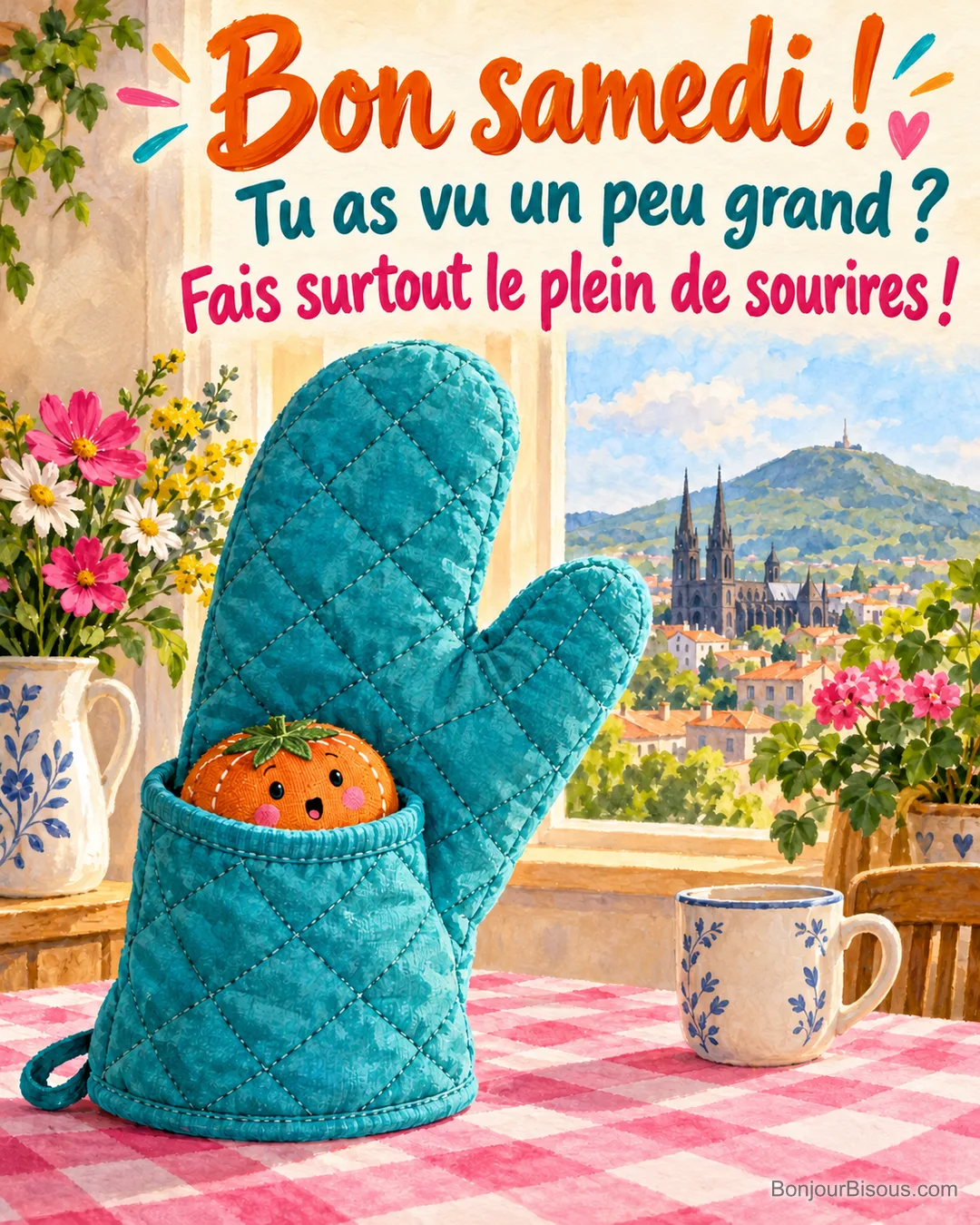 Un petit coussin à couture orange se cache dans une manique turquoise beaucoup trop grande, avec le texte « Bon samedi ! Tu as vu un peu grand ? Fais surtout le plein de sourires ! ». Un petit coussin à couture orange se cache dans une manique turquoise beaucoup trop grande, avec le texte « Bon samedi ! Tu as vu un peu grand ? Fais surtout le plein de sourires ! ».