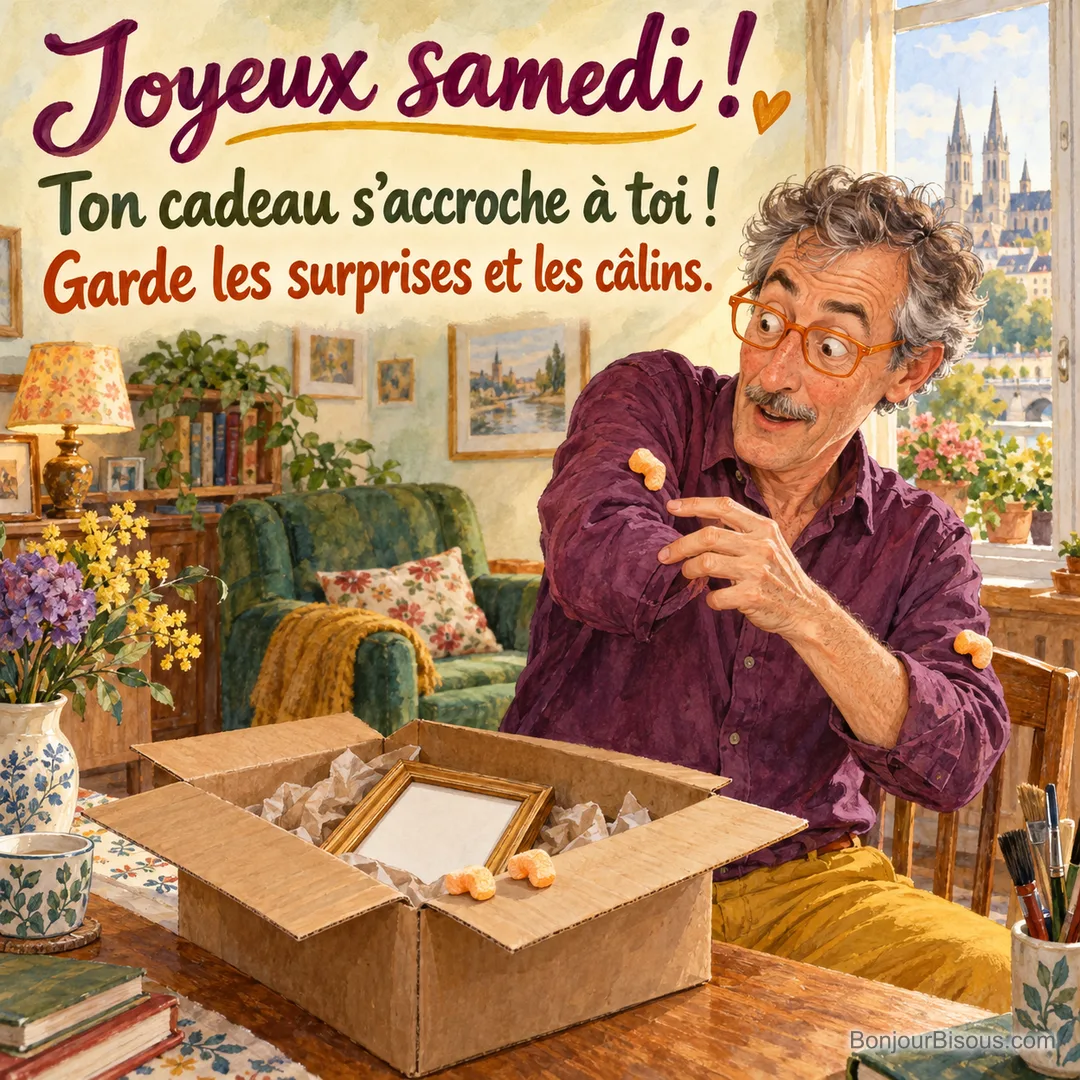 Un encadreur rit doucement en découvrant des particules d’emballage orange collées à ses manches, avec le texte « Joyeux samedi ! Ton cadeau s’accroche à toi ! Garde les surprises et les câlins. ». Un encadreur rit doucement en découvrant des particules d’emballage orange collées à ses manches, avec le texte « Joyeux samedi ! Ton cadeau s’accroche à toi ! Garde les surprises et les câlins. ».