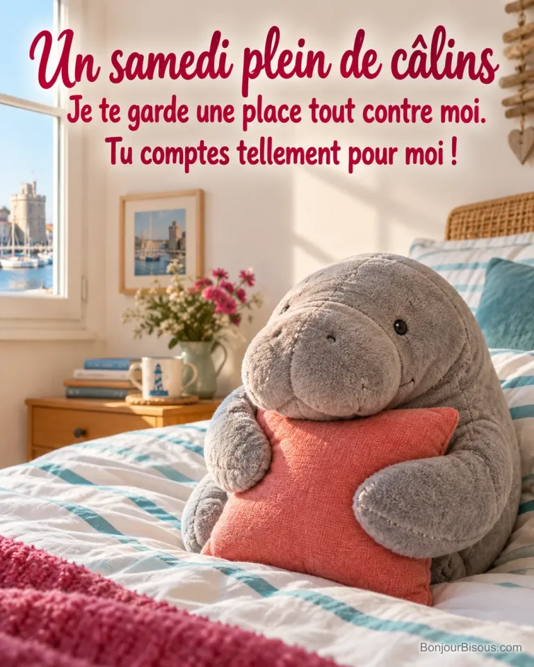Une peluche de lamantin serre un petit coussin corail sur un lit rayé de turquoise, avec le texte « Un samedi plein de câlins Je te garde une place tout contre moi. Tu comptes tellement pour moi ! ».