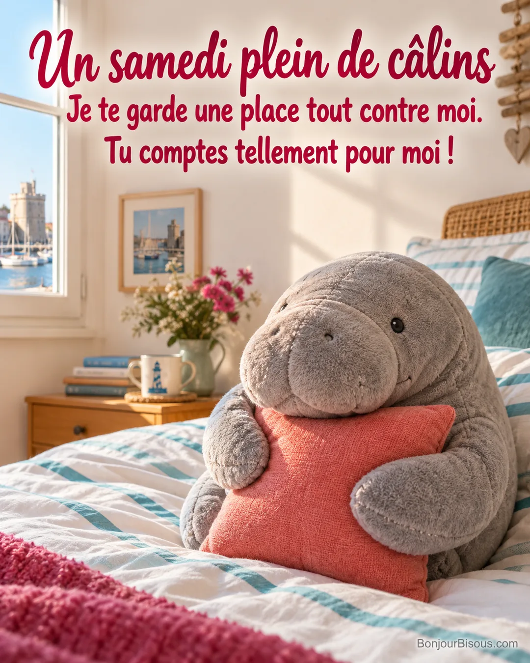 Une peluche de lamantin serre un petit coussin corail sur un lit rayé de turquoise, avec le texte « Un samedi plein de câlins Je te garde une place tout contre moi. Tu comptes tellement pour moi ! ». Une peluche de lamantin serre un petit coussin corail sur un lit rayé de turquoise, avec le texte « Un samedi plein de câlins Je te garde une place tout contre moi. Tu comptes tellement pour moi ! ».