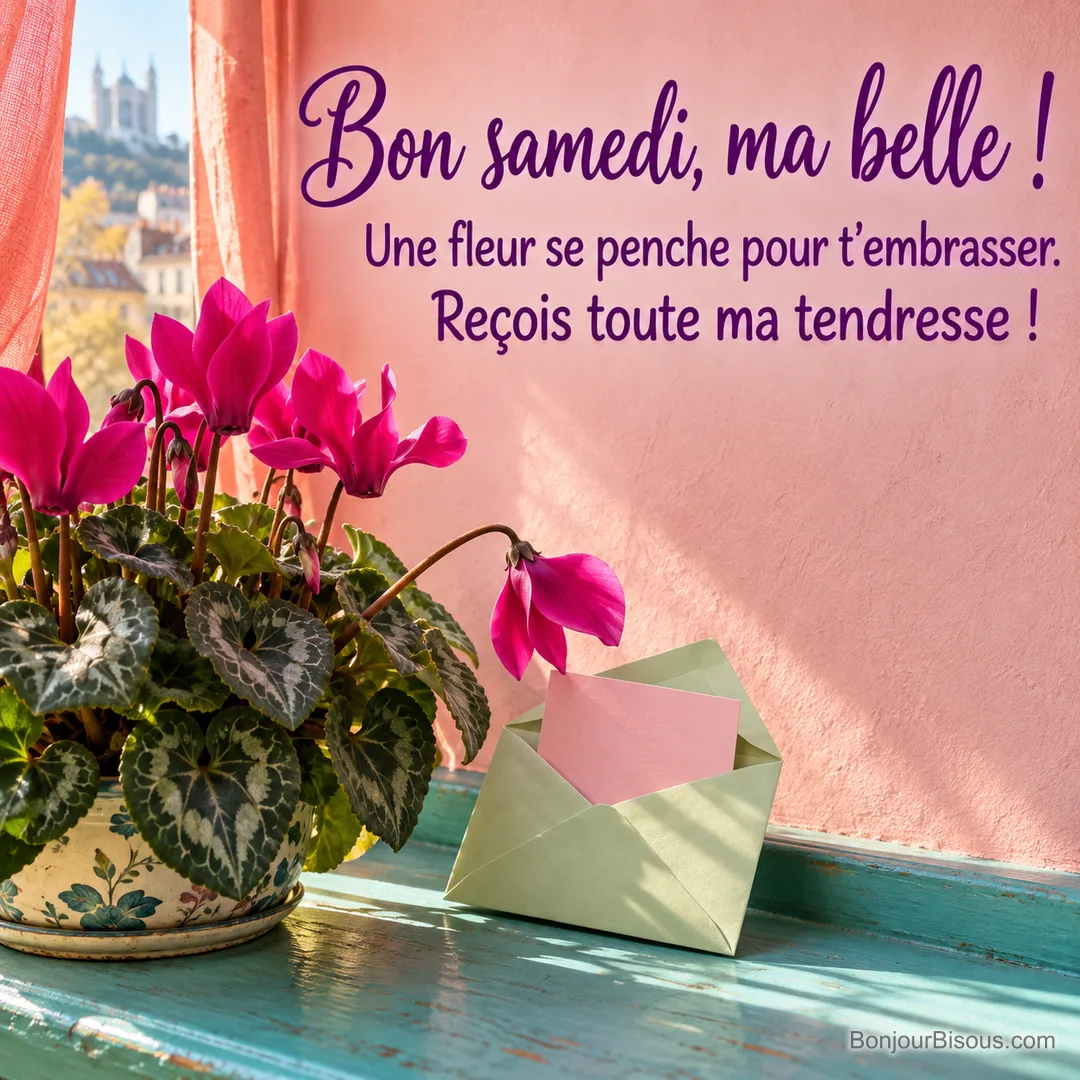 Une fleur de cyclamen magenta se penche vers une enveloppe cadeau vert menthe, avec le texte « Bon samedi, ma belle ! Une fleur se penche pour t’embrasser. Reçois toute ma tendresse ! ». Une fleur de cyclamen magenta se penche vers une enveloppe cadeau vert menthe, avec le texte « Bon samedi, ma belle ! Une fleur se penche pour t’embrasser. Reçois toute ma tendresse ! ».