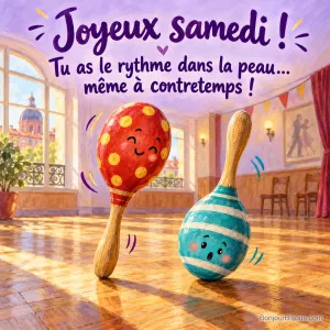 Deux maracas colorées dansent sur un parquet, dont l’une à l’envers, avec le texte « Joyeux samedi ! Tu as le rythme dans la peau… même à contretemps ! ».