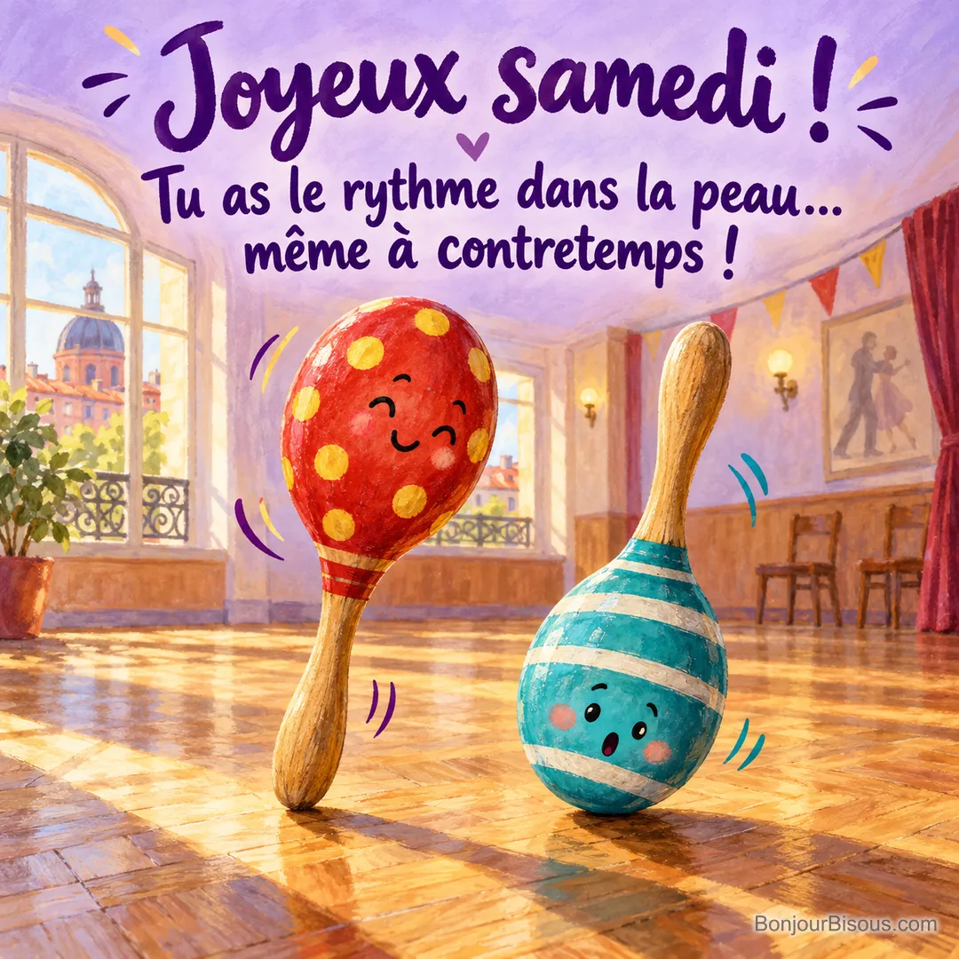 Deux maracas colorées dansent sur un parquet, dont l’une à l’envers, avec le texte « Joyeux samedi ! Tu as le rythme dans la peau… même à contretemps ! ».