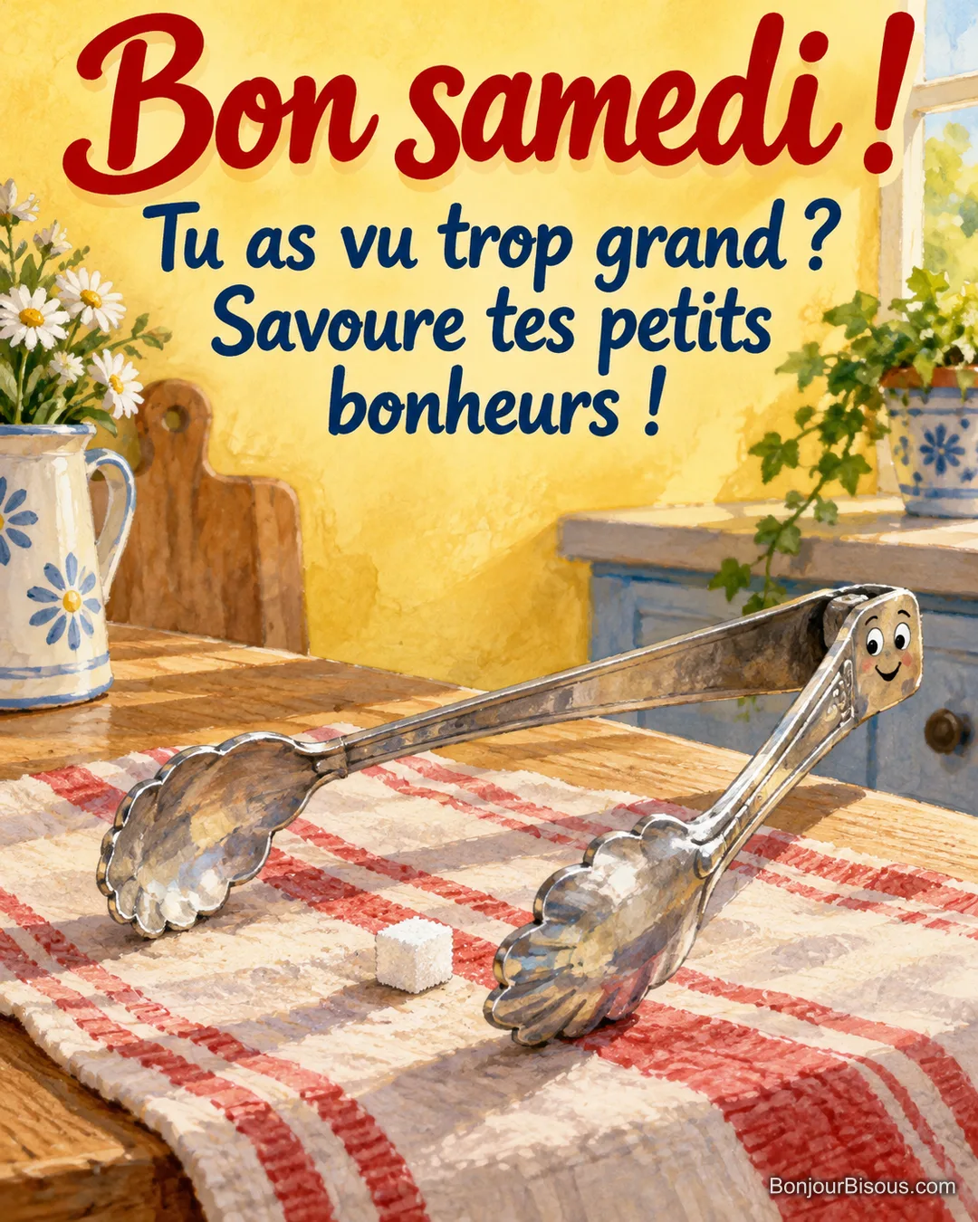 Une pince à sucre beaucoup trop grande essaie d’attraper un minuscule morceau de sucre, avec le texte « Bon samedi ! Tu as vu trop grand ? Savoure tes petits bonheurs ! ».