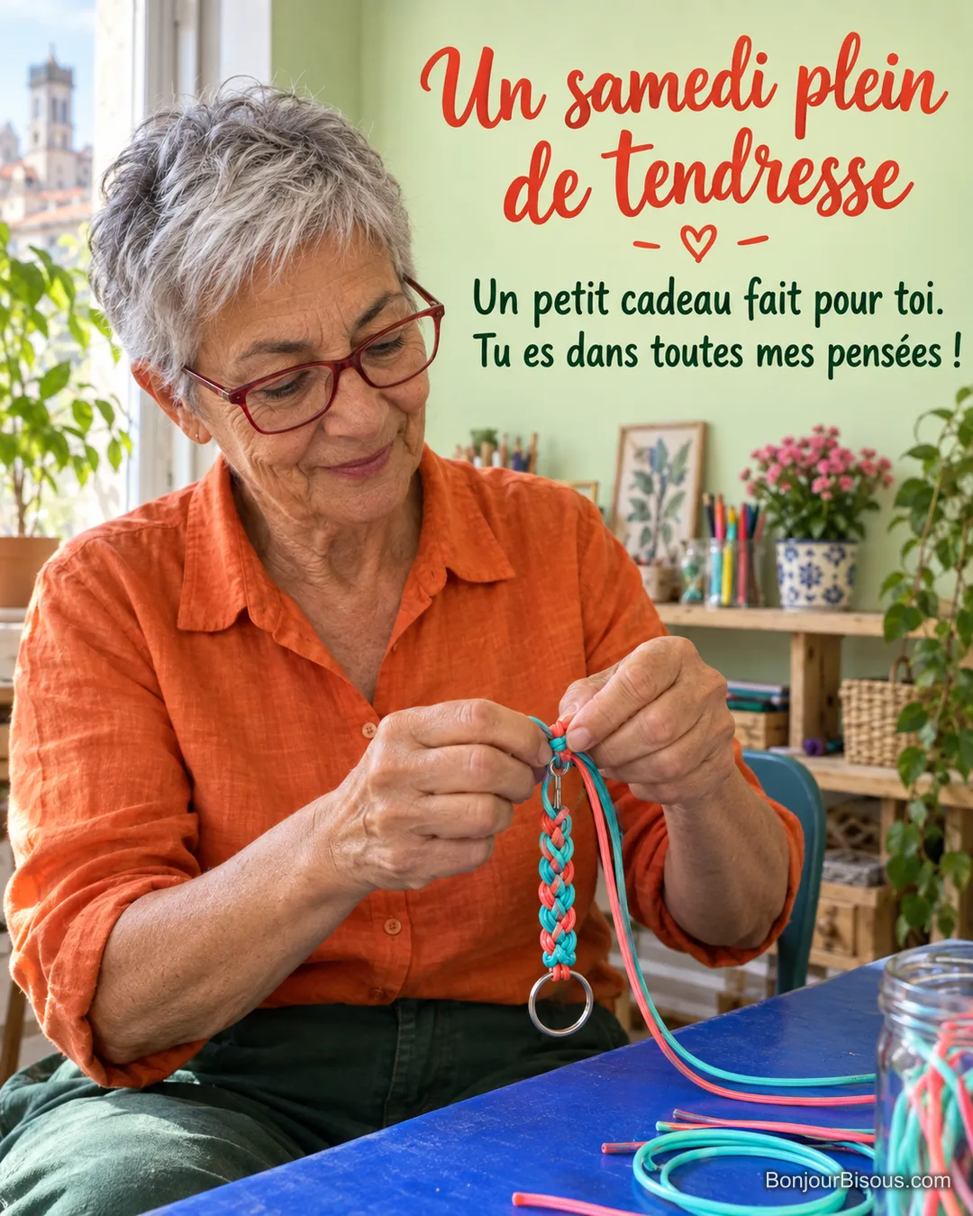 Une femme termine un porte-clés en scoubidou turquoise et corail pour l’offrir à un proche, avec le texte « Un samedi plein de tendresse Un petit cadeau fait pour toi. Tu es dans toutes mes pensées ! ».