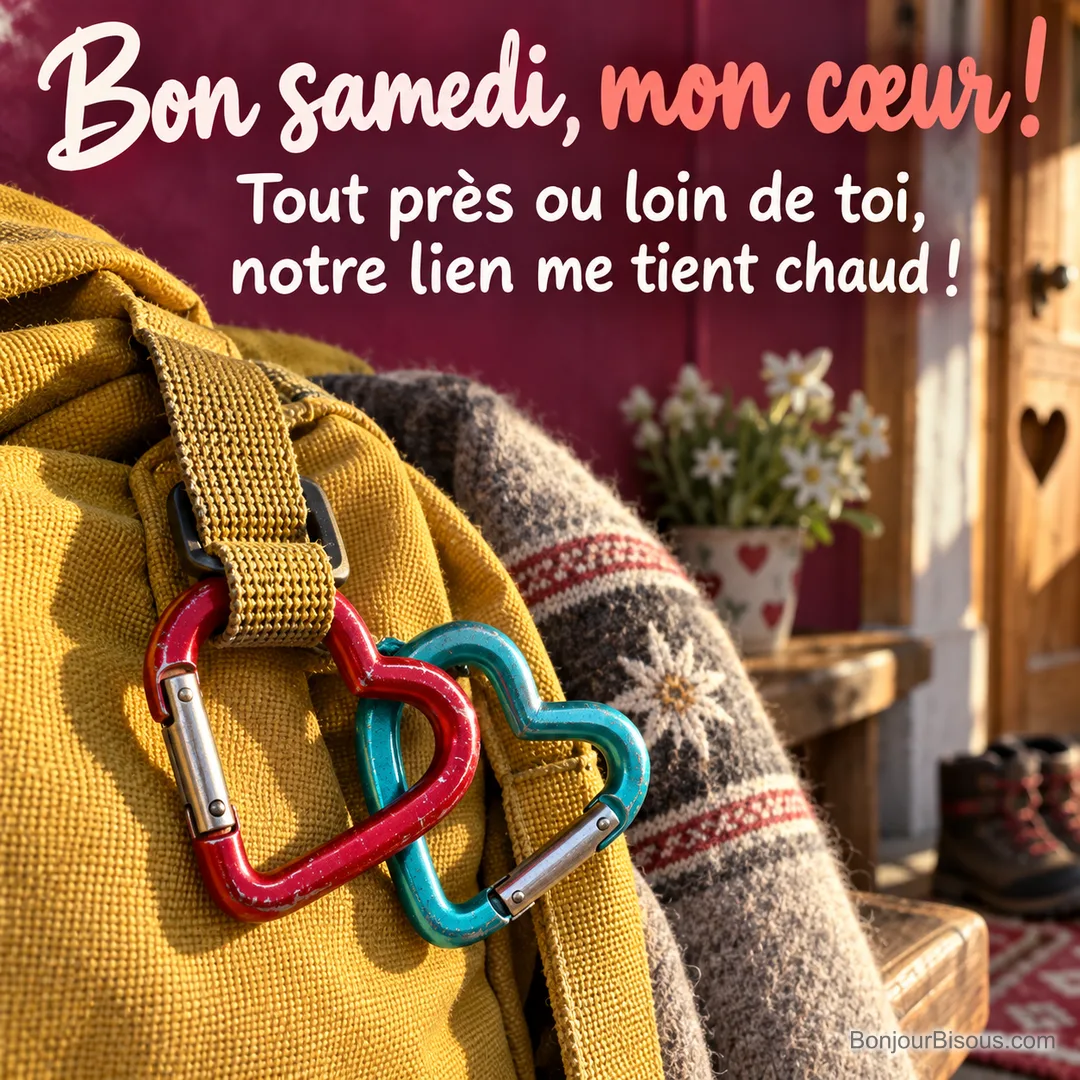 Deux mousquetons rouges et turquoise en forme de cœur sont enlacés sur un sac de promenade jaune, avec le texte « Bon samedi, mon cœur ! Tout près ou loin de toi, notre lien me tient chaud ! ». Deux mousquetons rouges et turquoise en forme de cœur sont enlacés sur un sac de promenade jaune, avec le texte « Bon samedi, mon cœur ! Tout près ou loin de toi, notre lien me tient chaud ! ».