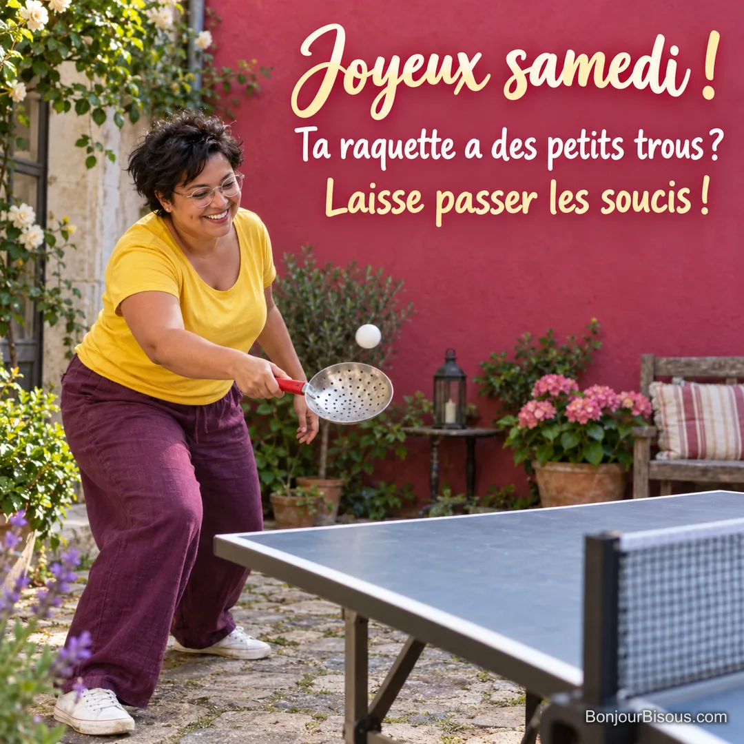 Une femme s’amuse à renvoyer une balle de ping-pong avec une écumoire dans une cour tourangelle, avec le texte « Joyeux samedi ! Ta raquette a des petits trous ? Laisse passer les soucis ! ».