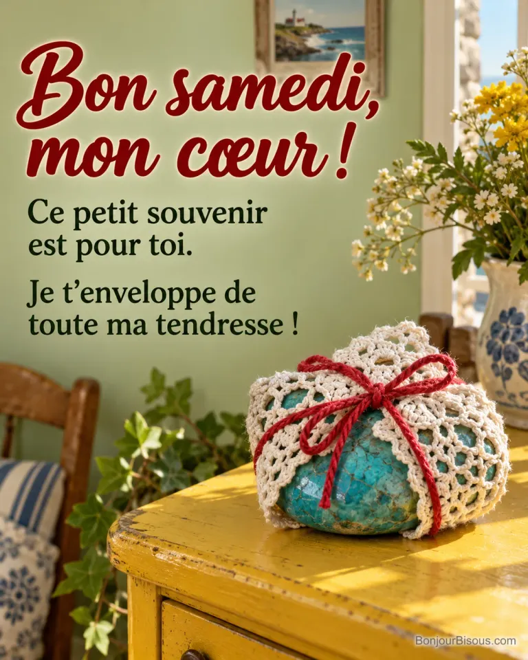 Un napperon blanc enveloppe un galet de céramique turquoise, noué d’un fil rouge comme un petit cadeau, avec le texte « Bon samedi, mon cœur ! Ce petit souvenir est pour toi. Je t’enveloppe de toute ma tendresse ! ».