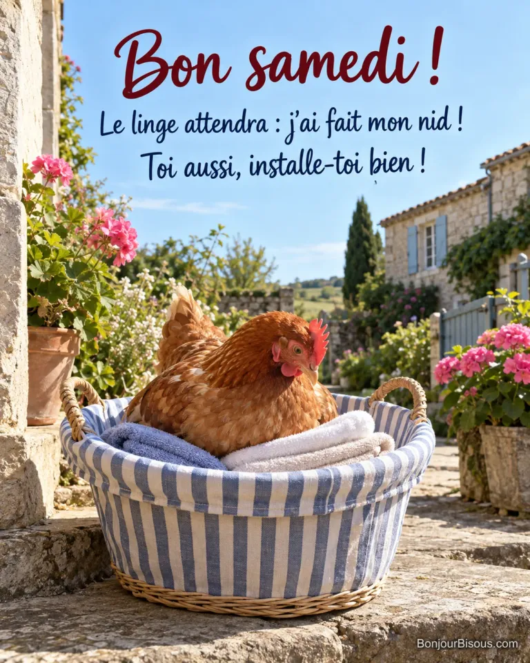 Une poule rousse s’est fait un nid dans un panier de linge propre, sur une marche fleurie. Le message est : « Bon samedi ! Le linge attendra : j’ai fait mon nid ! Toi aussi, installe-toi bien ! ».