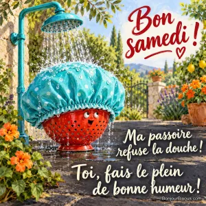 Une passoire rouge porte un grand bonnet de bain sous les gouttes d’une douche de jardin. Le message est : « Bon samedi ! Ma passoire refuse la douche ! Toi, fais le plein de bonne humeur ! ».