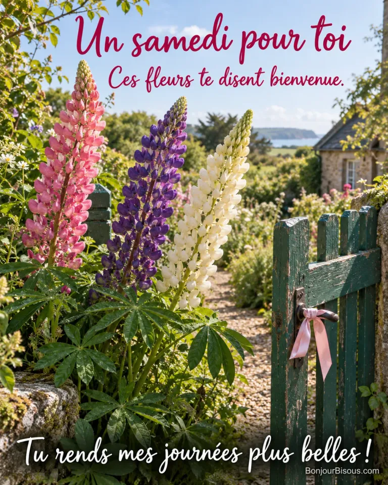 Des lupins roses, violets et blancs accueillent un proche au-dessus d’un portillon entrouvert. Le message est : « Un samedi pour toi Ces fleurs te disent bienvenue. Tu rends mes journées plus belles ! ».