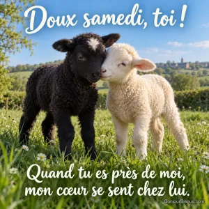 Un agneau noir et un agneau crème se blottissent front contre front dans une prairie printanière. Le message est : « Doux samedi, toi ! Quand tu es près de moi, mon cœur se sent chez lui. ».