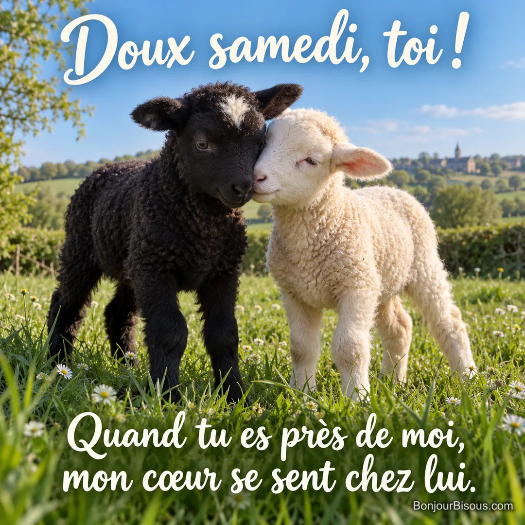 Un agneau noir et un agneau crème se blottissent front contre front dans une prairie printanière. Le message est : « Doux samedi, toi ! Quand tu es près de moi, mon cœur se sent chez lui. ».