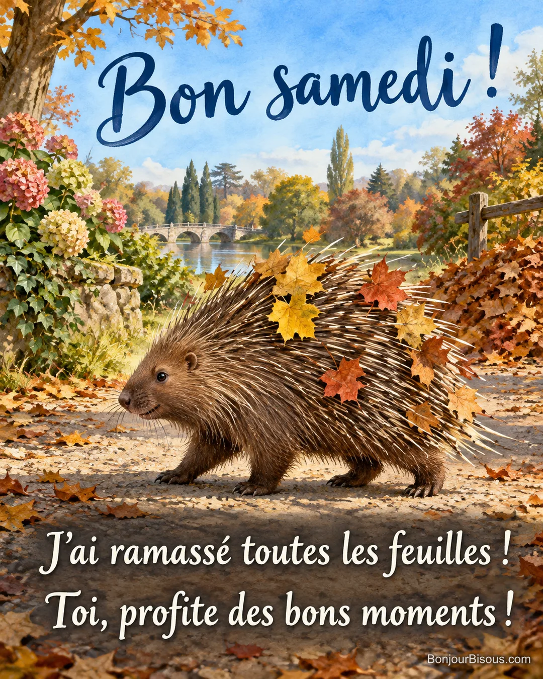 Un porc-épic couvert de feuilles rouges et jaunes ressemble à un petit tas de feuilles en promenade. Le message est : « Bon samedi ! J’ai ramassé toutes les feuilles ! Toi, profite des bons moments ! ».