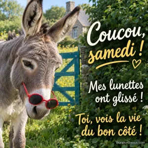 Un âne gris découvre ses lunettes de soleil rouges tombées tout au bout de son museau. Le message est : « Coucou, samedi ! Mes lunettes ont glissé ! Toi, vois la vie du bon côté ! ».