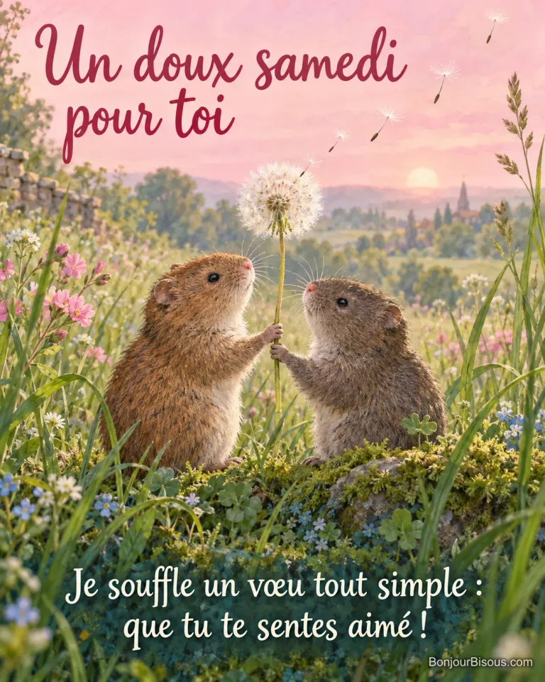 Deux campagnols partagent une tige de pissenlit montée en graines, comme un petit souhait affectueux. Le message est : « Un doux samedi pour toi Je souffle un vœu tout simple : que tu te sentes aimé ! ».