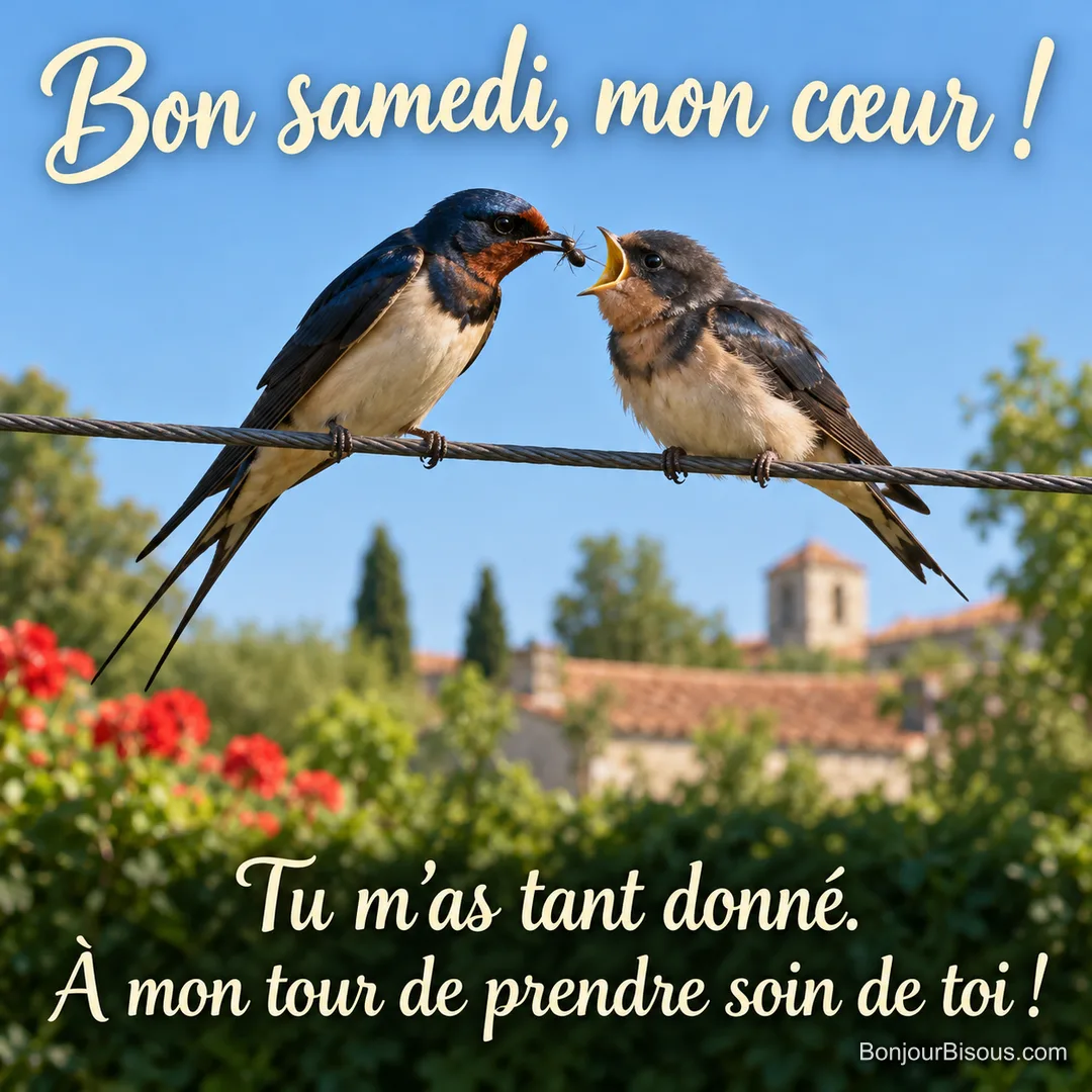 Une hirondelle rustique nourrit son unique jeune perché près d’elle au-dessus d’un village charentais. Le message est : « Bon samedi, mon cœur ! Tu m’as tant donné. À mon tour de prendre soin de toi ! ».