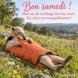 Un tamandua est allongé dans un sac de couchage orange trop court, ses deux pattes arrière dépassant en bas. Le message est : « Bon samedi ! Mon sac de couchage est trop court ! Toi, étire-toi tranquillement ! ».