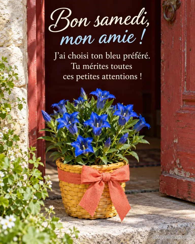 Un panier jaune de gentianes bleu cobalt attend devant une porte rouge comme cadeau pour une amie. Le message est : « Bon samedi, mon amie ! J’ai choisi ton bleu préféré. Tu mérites toutes ces petites attentions ! ».