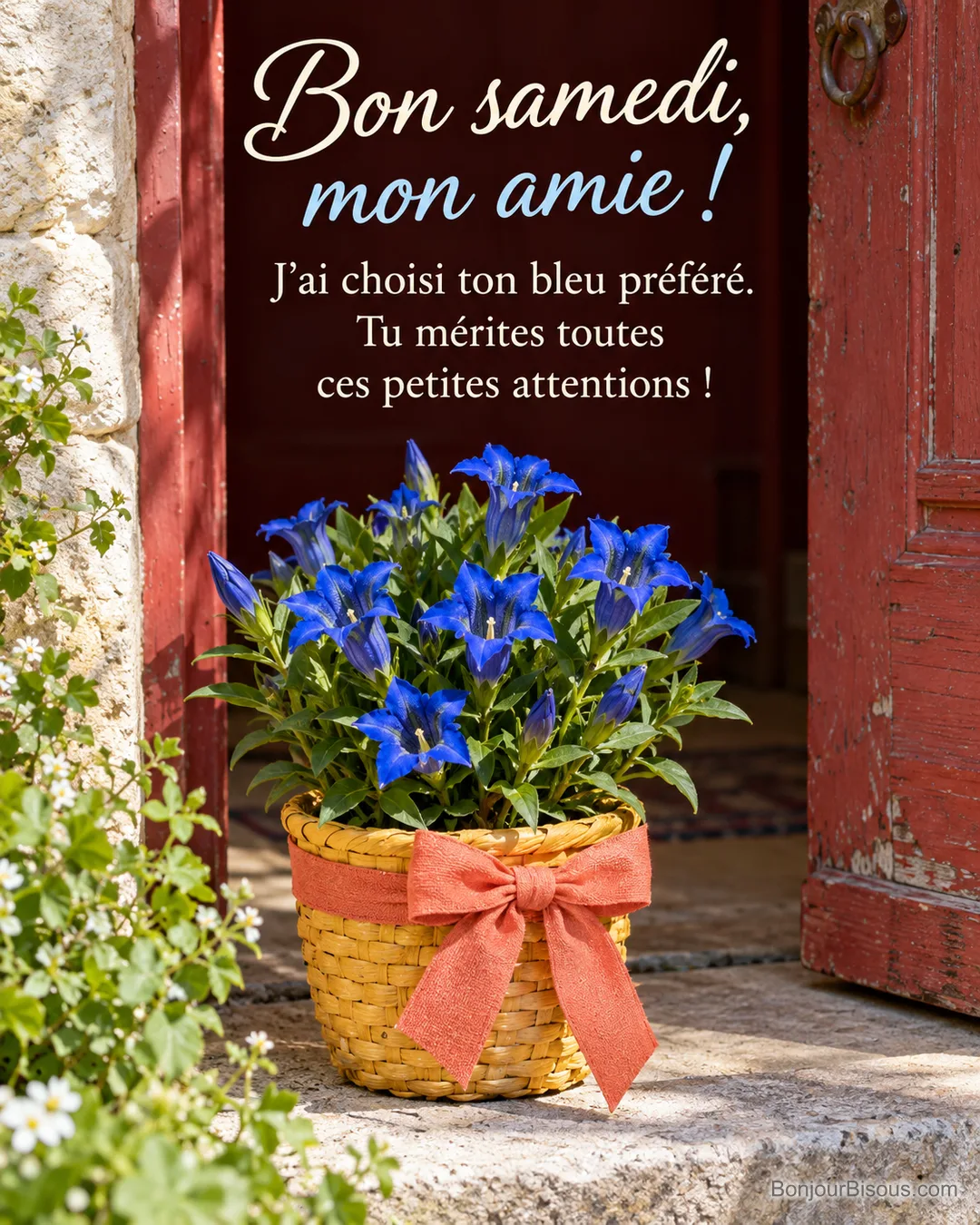 Un panier jaune de gentianes bleu cobalt attend devant une porte rouge comme cadeau pour une amie. Le message est : « Bon samedi, mon amie ! J’ai choisi ton bleu préféré. Tu mérites toutes ces petites attentions ! ».