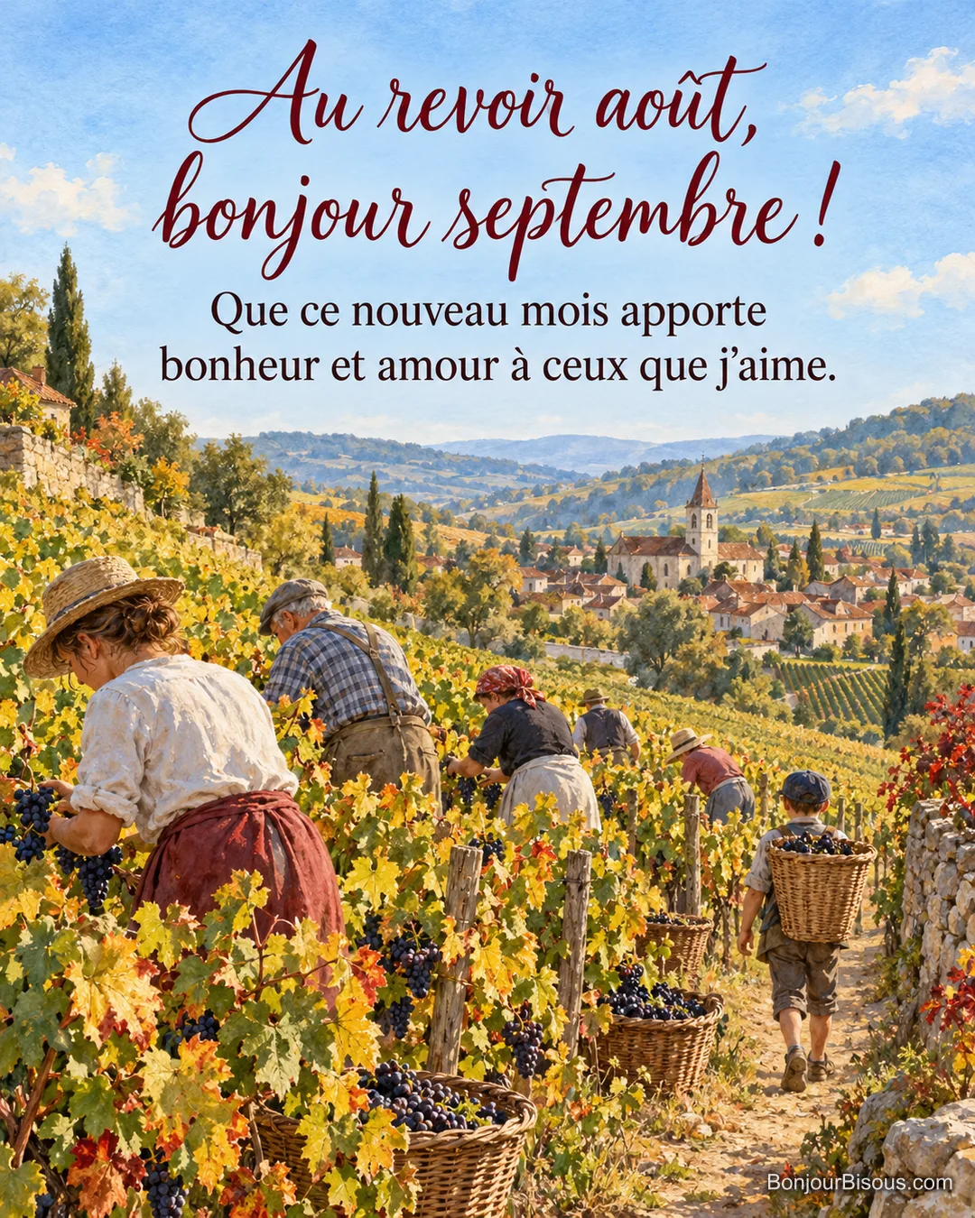 Peinture des vendanges dans un vignoble aux feuilles dorées, des vendangeurs coupent les grappes et un garçon porte une hotte, village et clocher au fond, avec le texte « Au revoir août, bonjour septembre ! Que ce nouveau mois apporte bonheur et amour à ceux que j’aime. »