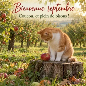 Photo d’un chat roux et blanc sur une vieille souche dans un verger en fin d’été, entouré de pommes rouges dans l’herbe, avec le texte « Bienvenue septembre – Coucou, et plein de bisous ! »