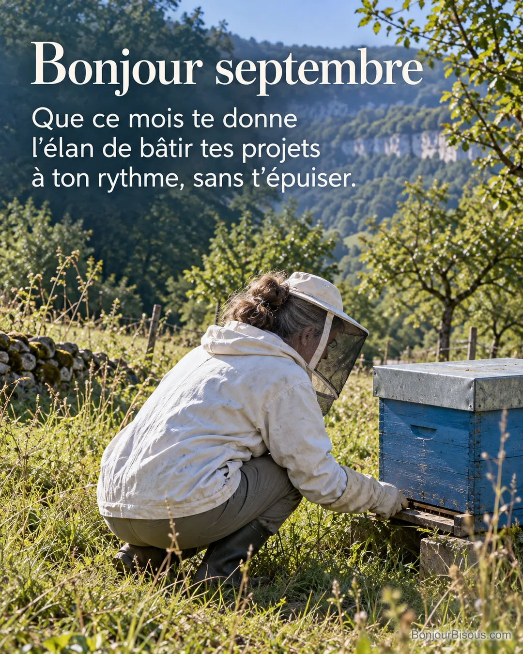 Une apicultrice examine une ruche bleue au milieu d’un jardin jurassien. L’image porte le texte « Bonjour septembre Que ce mois te donne l’élan de bâtir tes projets à ton rythme, sans t’épuiser. ». Une apicultrice examine une ruche bleue au milieu d’un jardin jurassien. L’image porte le texte « Bonjour septembre Que ce mois te donne l’élan de bâtir tes projets à ton rythme, sans t’épuiser. ».