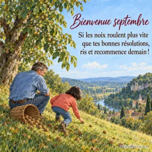 Un père et sa fille ramassent les noix échappées de leur panier dans une noyeraie du Périgord. L’image porte le texte « Bienvenue septembre Si les noix roulent plus vite que tes bonnes résolutions, ris et recommence demain ! ».